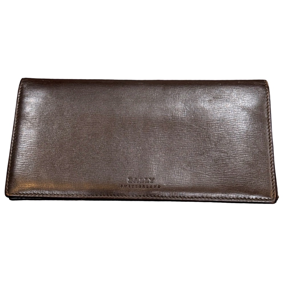 Bally Switzerland Mens Brown Leather‎ Long Bifold Wallet Stripe Detail Vintage